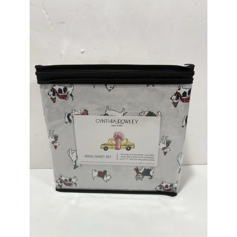 Cynthia Rowley‎ Christmas Dog KING Sheet Set Holiday Winter Sweater Scarf XDeep